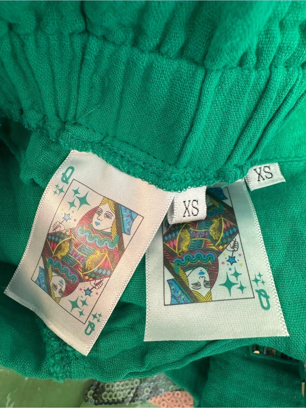 Like New! QUEEN OF SPARKLES Green Gauze Rhinestone Trim Button-Down Short Set
